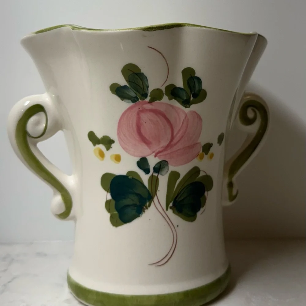 Vintage Hand-Painted Floral Ceramic Vase with Handles - Pink & Green - Picture 3 of 8